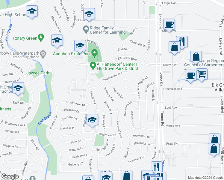 map of restaurants, bars, coffee shops, grocery stores, and more near 946 Victoria Lane in Elk Grove Village