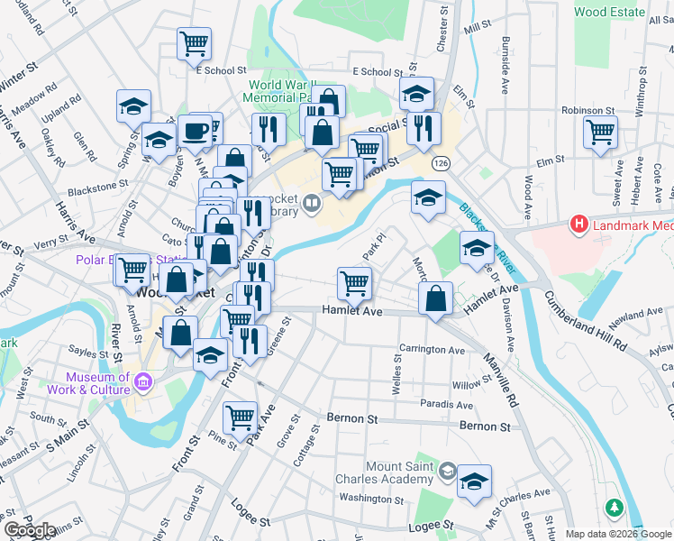 map of restaurants, bars, coffee shops, grocery stores, and more near 65 West Park Place in Woonsocket