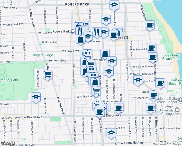 map of restaurants, bars, coffee shops, grocery stores, and more near 1638 West North Shore Avenue in Chicago