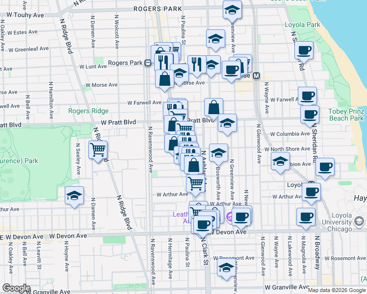 map of restaurants, bars, coffee shops, grocery stores, and more near 6647 North Clark Street in Chicago