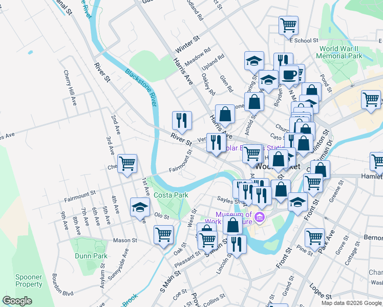 map of restaurants, bars, coffee shops, grocery stores, and more near 84 Fairmount Street in Woonsocket