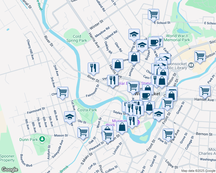 map of restaurants, bars, coffee shops, grocery stores, and more near 109 Water Street in Woonsocket