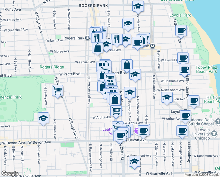 map of restaurants, bars, coffee shops, grocery stores, and more near 6703 North Clark Street in Chicago