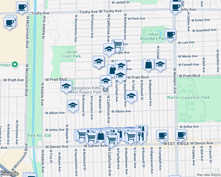 map of restaurants, bars, coffee shops, grocery stores, and more near 6658 North Fairfield Avenue in Chicago