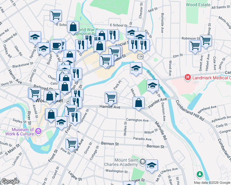 map of restaurants, bars, coffee shops, grocery stores, and more near 47 Harrison Avenue in Woonsocket