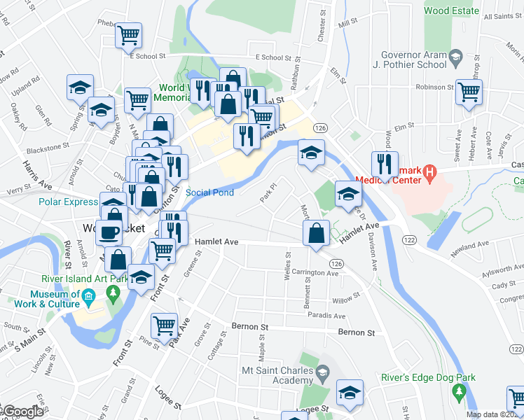 map of restaurants, bars, coffee shops, grocery stores, and more near 47 Harrison Avenue in Woonsocket