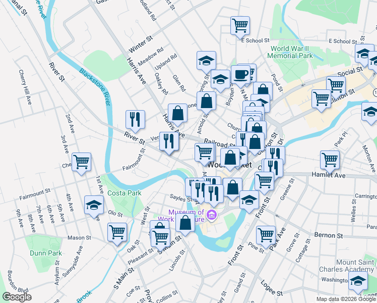 map of restaurants, bars, coffee shops, grocery stores, and more near 302 High Street in Woonsocket