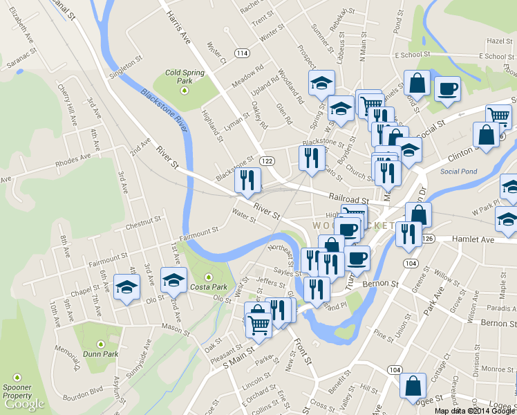 map of restaurants, bars, coffee shops, grocery stores, and more near 109 Water Street in Woonsocket