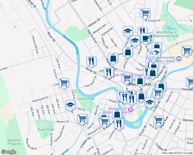 map of restaurants, bars, coffee shops, grocery stores, and more near 84 Fairmount Street in Woonsocket