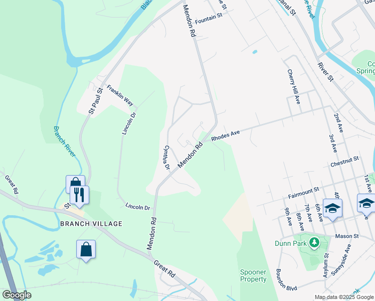 map of restaurants, bars, coffee shops, grocery stores, and more near 431 Mendon Road in North Smithfield