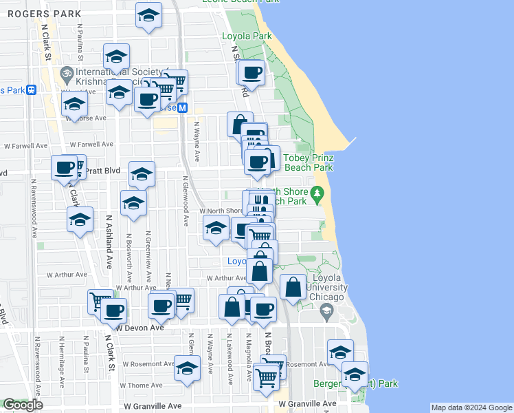 map of restaurants, bars, coffee shops, grocery stores, and more near 6610 North Sheridan Road in Chicago