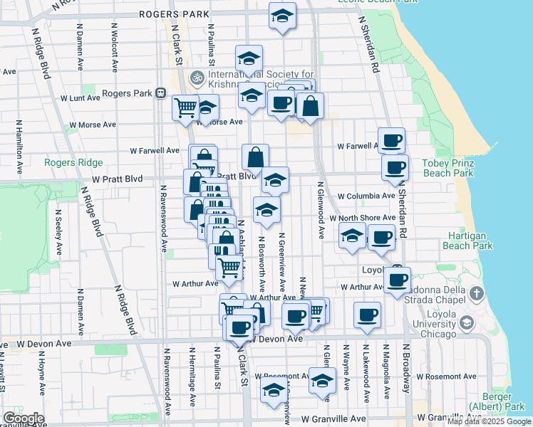 map of restaurants, bars, coffee shops, grocery stores, and more near 6631 North Bosworth Avenue in Chicago