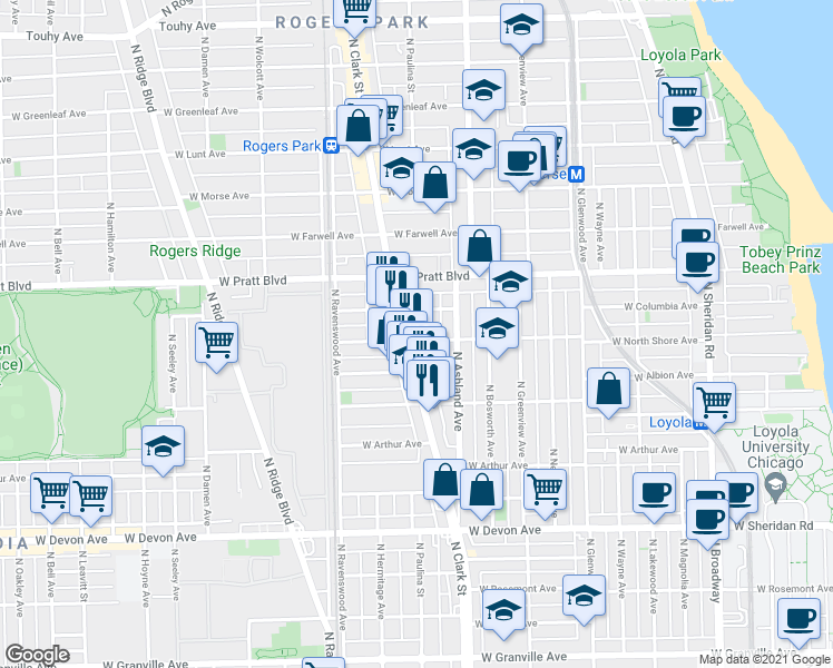 map of restaurants, bars, coffee shops, grocery stores, and more near 6647 North Clark Street in Chicago