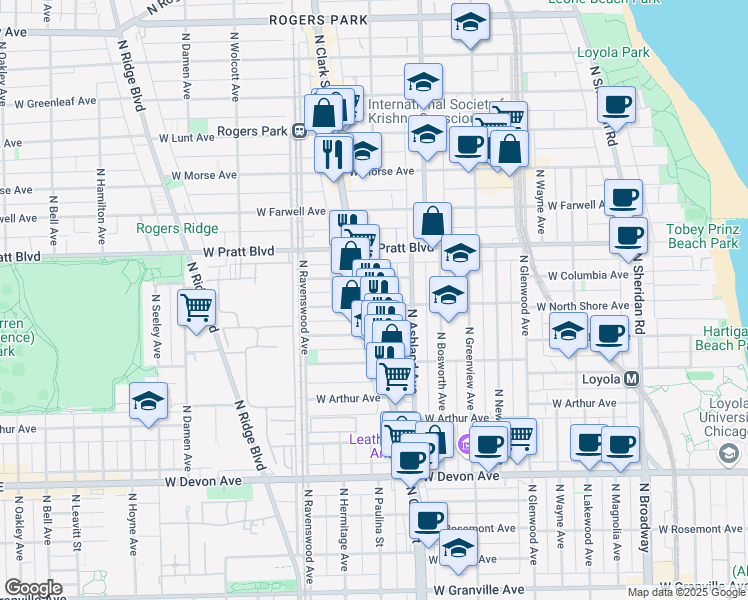 map of restaurants, bars, coffee shops, grocery stores, and more near 6647 North Clark Street in Chicago