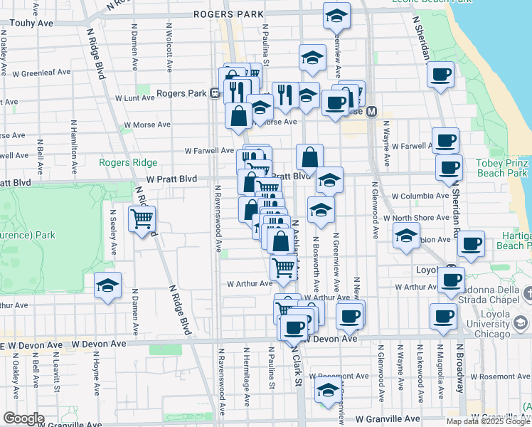 map of restaurants, bars, coffee shops, grocery stores, and more near 6647 North Clark Street in Chicago