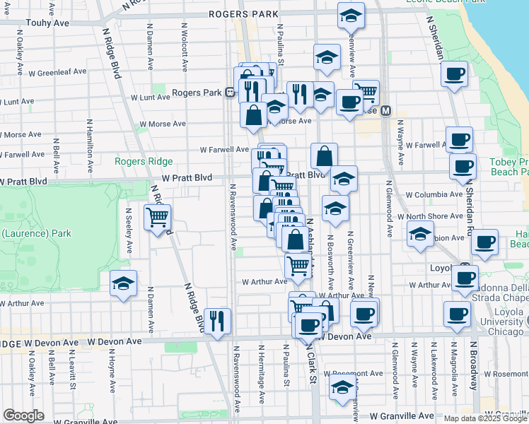 map of restaurants, bars, coffee shops, grocery stores, and more near 1720 West Wallen Avenue in Chicago