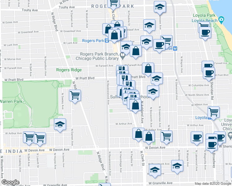 map of restaurants, bars, coffee shops, grocery stores, and more near in Chicago
