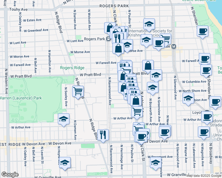 map of restaurants, bars, coffee shops, grocery stores, and more near 1760 West Wallen Avenue in Chicago