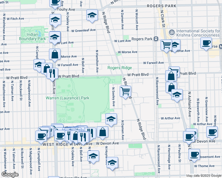 map of restaurants, bars, coffee shops, grocery stores, and more near 6648 North Seeley Avenue in Chicago