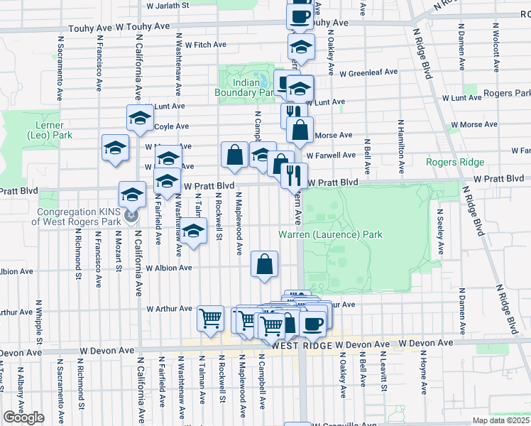 map of restaurants, bars, coffee shops, grocery stores, and more near 6654 North Artesian Avenue in Chicago