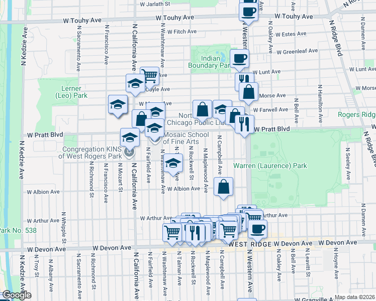 map of restaurants, bars, coffee shops, grocery stores, and more near 2553 West North Shore Avenue in Chicago