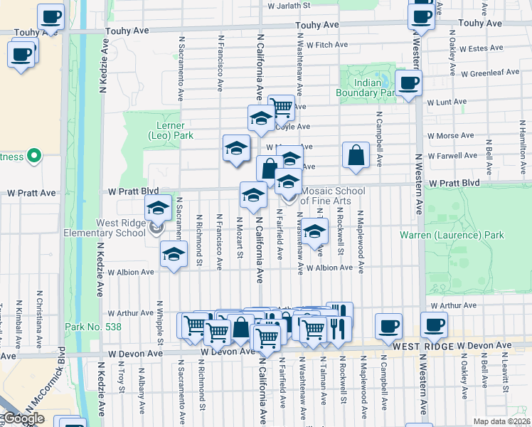 map of restaurants, bars, coffee shops, grocery stores, and more near 6658 North Fairfield Avenue in Chicago