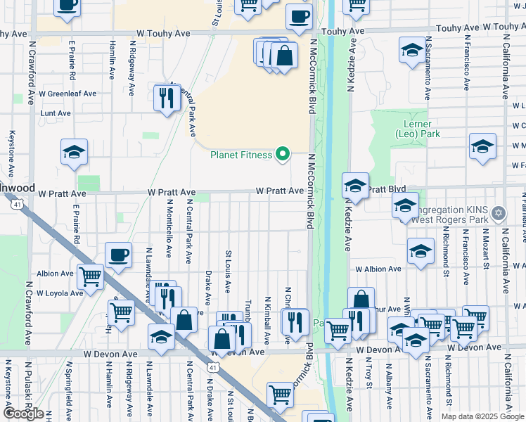 map of restaurants, bars, coffee shops, grocery stores, and more near 3360 West North Shore Avenue in Lincolnwood