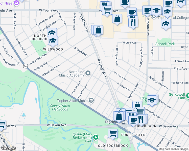 map of restaurants, bars, coffee shops, grocery stores, and more near 6740 North Keota Avenue in Chicago