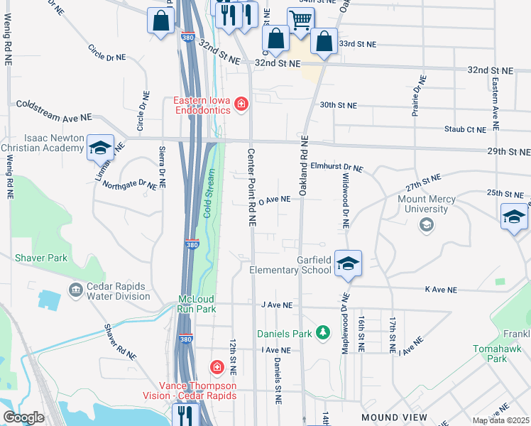 map of restaurants, bars, coffee shops, grocery stores, and more near 1314 M Avenue Northeast in Cedar Rapids