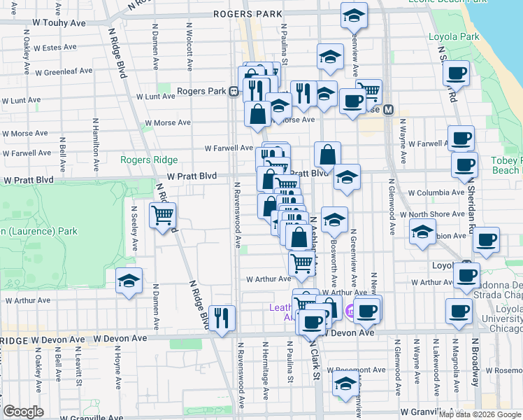 map of restaurants, bars, coffee shops, grocery stores, and more near 1732 West North Shore Avenue in Chicago