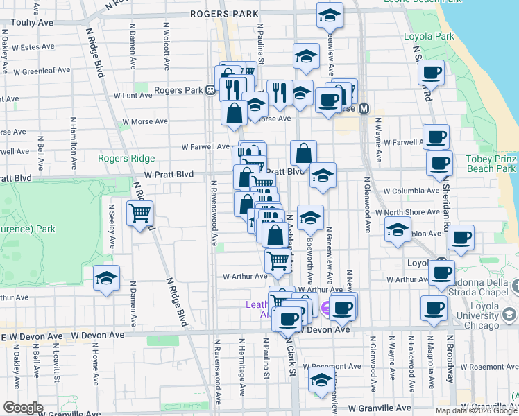 map of restaurants, bars, coffee shops, grocery stores, and more near 6701 North Clark Street in Chicago