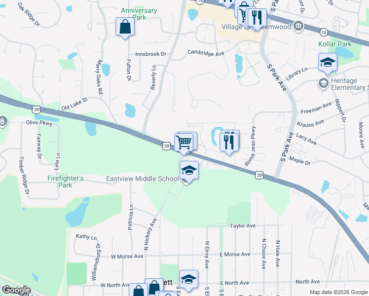 map of restaurants, bars, coffee shops, grocery stores, and more near 3157 Medford Court in Streamwood