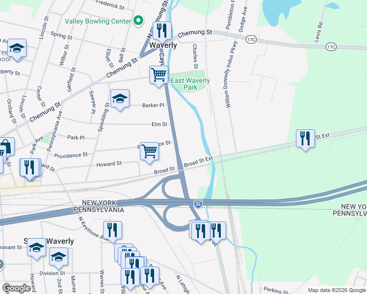 map of restaurants, bars, coffee shops, grocery stores, and more near 430 Cayuta Avenue in Waverly