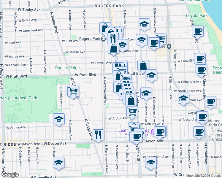 map of restaurants, bars, coffee shops, grocery stores, and more near 1760 West Wallen Avenue in Chicago