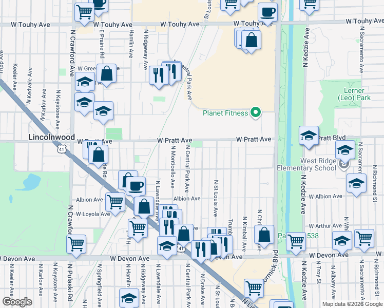 map of restaurants, bars, coffee shops, grocery stores, and more near 3550 West North Shore Avenue in Lincolnwood
