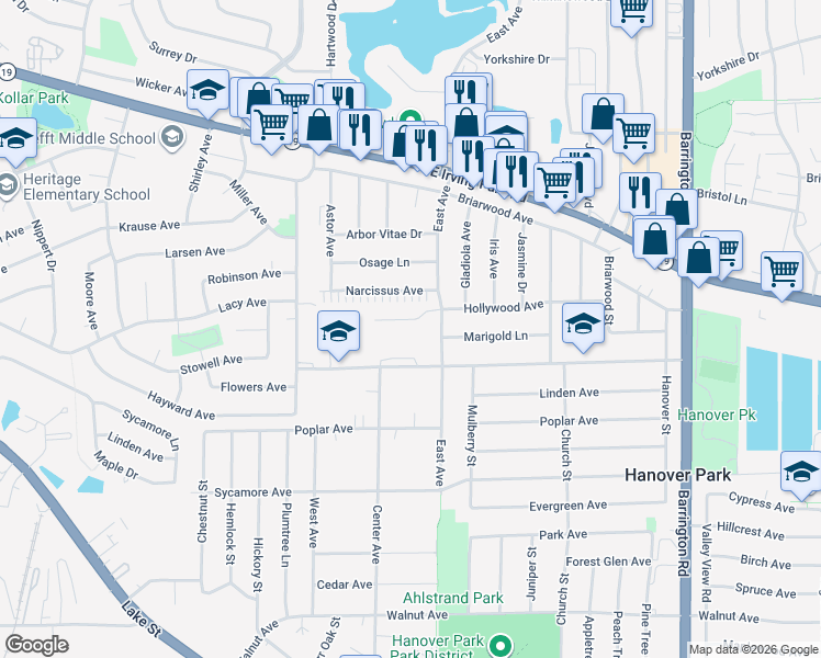 map of restaurants, bars, coffee shops, grocery stores, and more near 2023 Laurel Avenue in Hanover Park