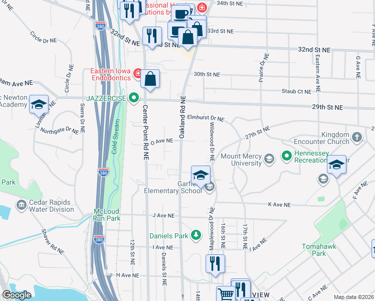 map of restaurants, bars, coffee shops, grocery stores, and more near 1414 Oakland Road Northeast in Cedar Rapids