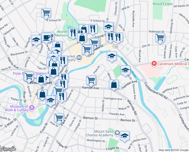 map of restaurants, bars, coffee shops, grocery stores, and more near 47 Harrison Avenue in Woonsocket