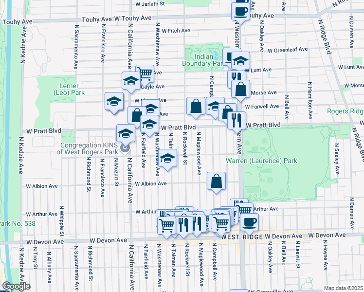 map of restaurants, bars, coffee shops, grocery stores, and more near 6718 North Rockwell Street in Chicago