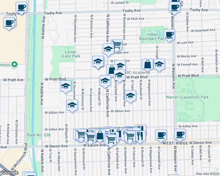 map of restaurants, bars, coffee shops, grocery stores, and more near 6658 North Fairfield Avenue in Chicago