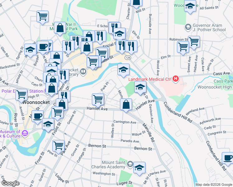 map of restaurants, bars, coffee shops, grocery stores, and more near 218 Park Place in Woonsocket