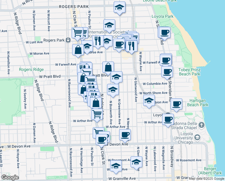 map of restaurants, bars, coffee shops, grocery stores, and more near 6749 North Bosworth Avenue in Chicago