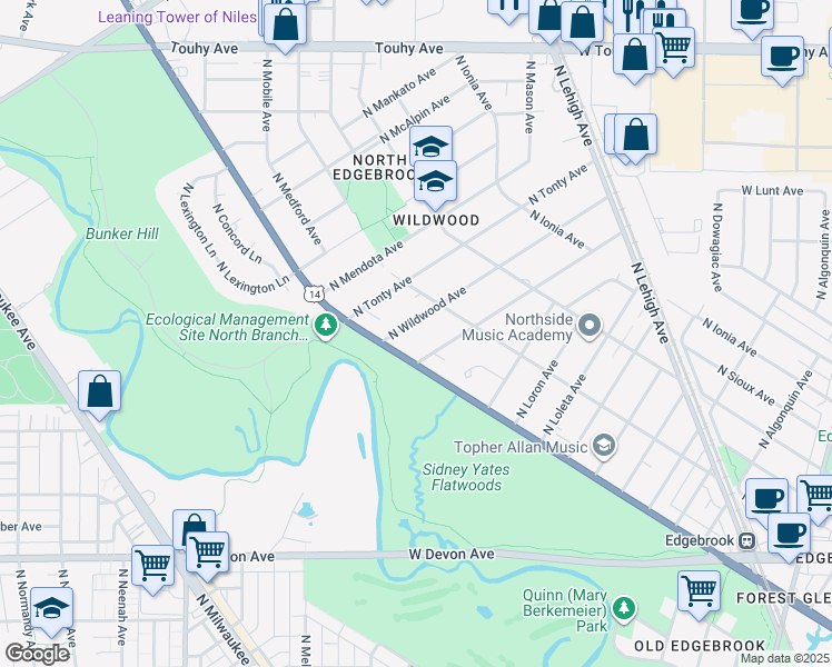 map of restaurants, bars, coffee shops, grocery stores, and more near 6750 North Wildwood Avenue in Chicago