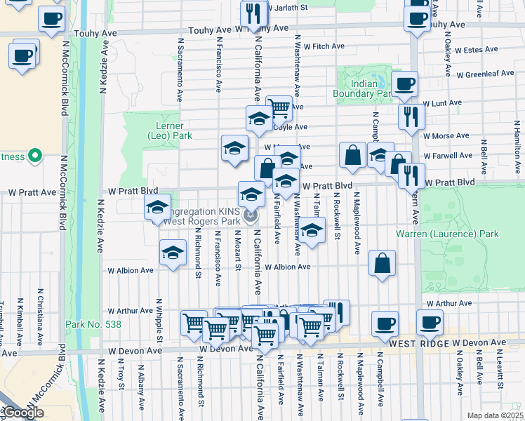 map of restaurants, bars, coffee shops, grocery stores, and more near 2743 West Pratt Boulevard in Chicago