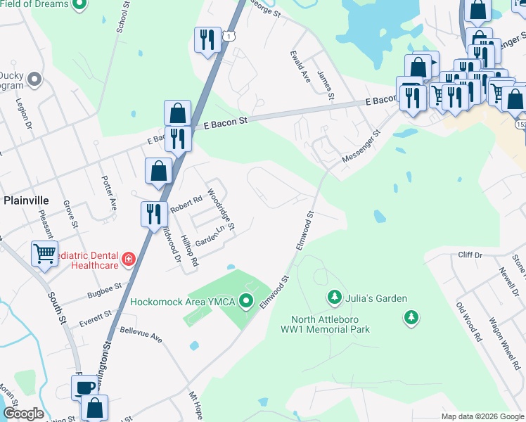 map of restaurants, bars, coffee shops, grocery stores, and more near 75 Terry Lane in Plainville