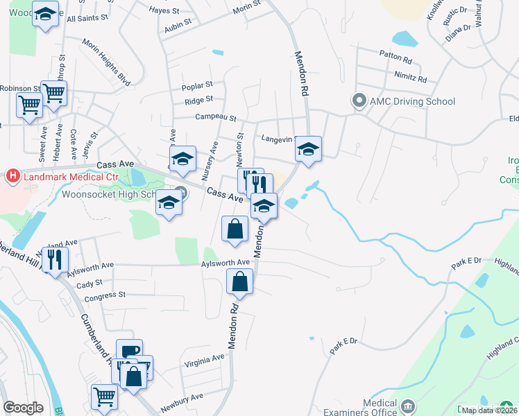 map of restaurants, bars, coffee shops, grocery stores, and more near 26 Dana Street in Woonsocket