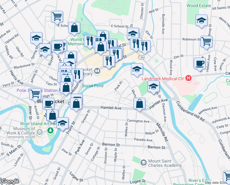 map of restaurants, bars, coffee shops, grocery stores, and more near 14 Park Place in Woonsocket