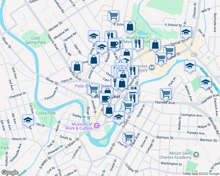 map of restaurants, bars, coffee shops, grocery stores, and more near 62 Cato Street in Woonsocket