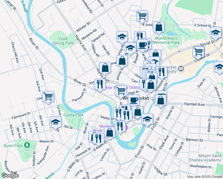 map of restaurants, bars, coffee shops, grocery stores, and more near 41 Bentley Street in Woonsocket