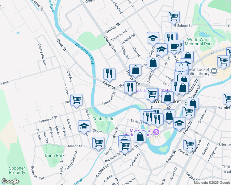 map of restaurants, bars, coffee shops, grocery stores, and more near 49 Blackstone Street in Woonsocket